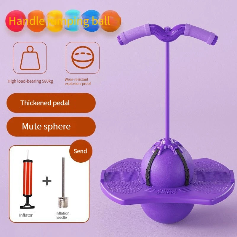 Purple frog jump bouncing ball with a thickened pedal and mute sphere shown next to an inflator and needle.