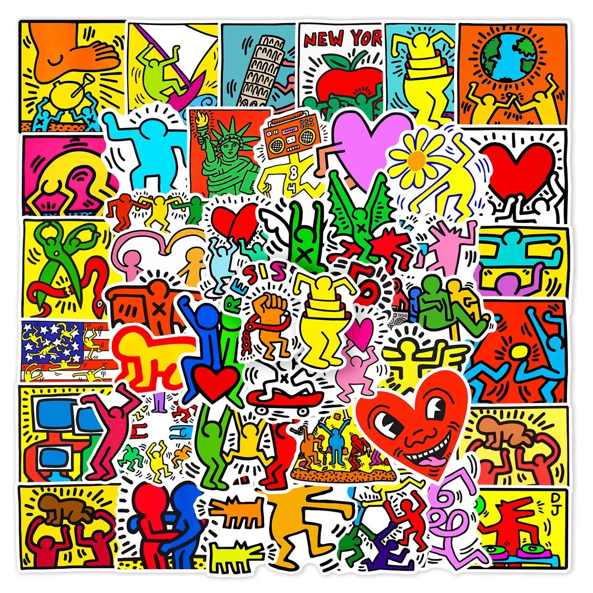 A colorful sticker pack featuring various cartoon figures and symbols for laptops, water bottles, and luggage.