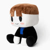 A cute cartoon plush doll with brown hair and a black outfit sitting on a white background.