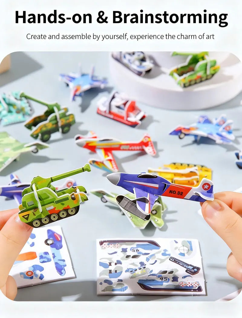 Hands-on and brainstorming activity showing various foam puzzle pieces and assembled craft items.