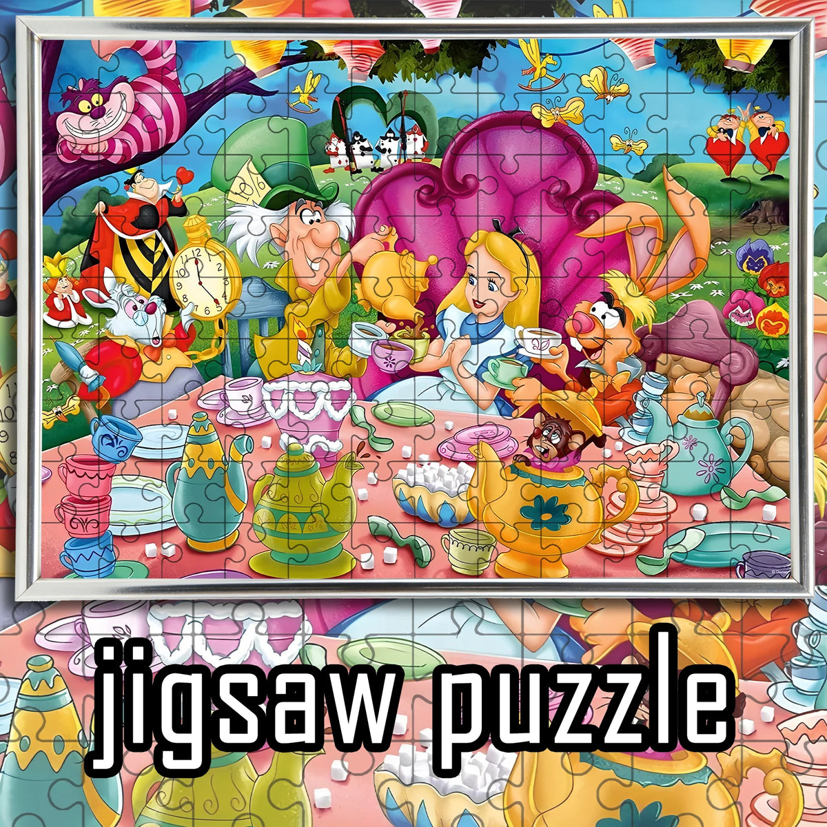 A jigsaw puzzle featuring a colorful scene of an Alice in Wonderland tea party with various characters and teaware.