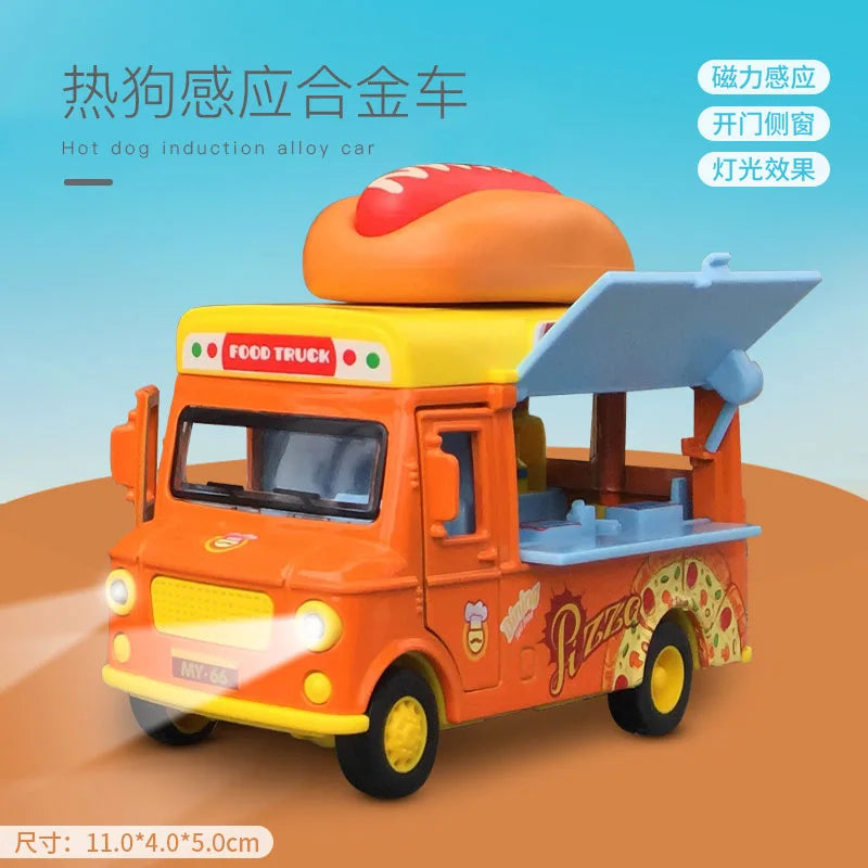 A small orange food truck toy car designed for hot dog induction alloy, featuring a light effect and opening mechanism.