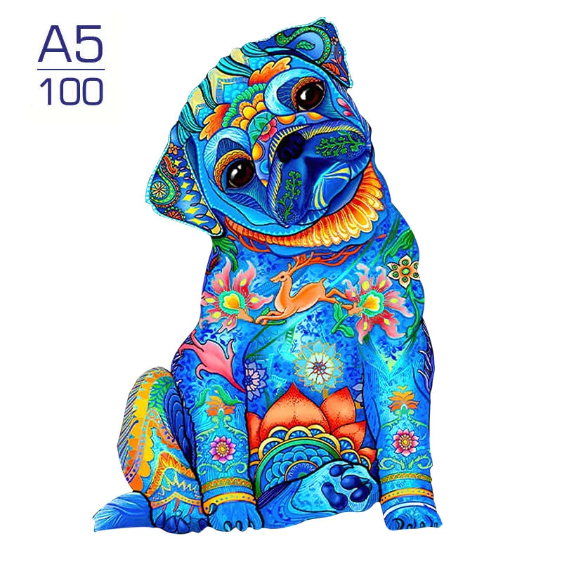A colorful 3D wooden jigsaw puzzle featuring a puppy dog design.