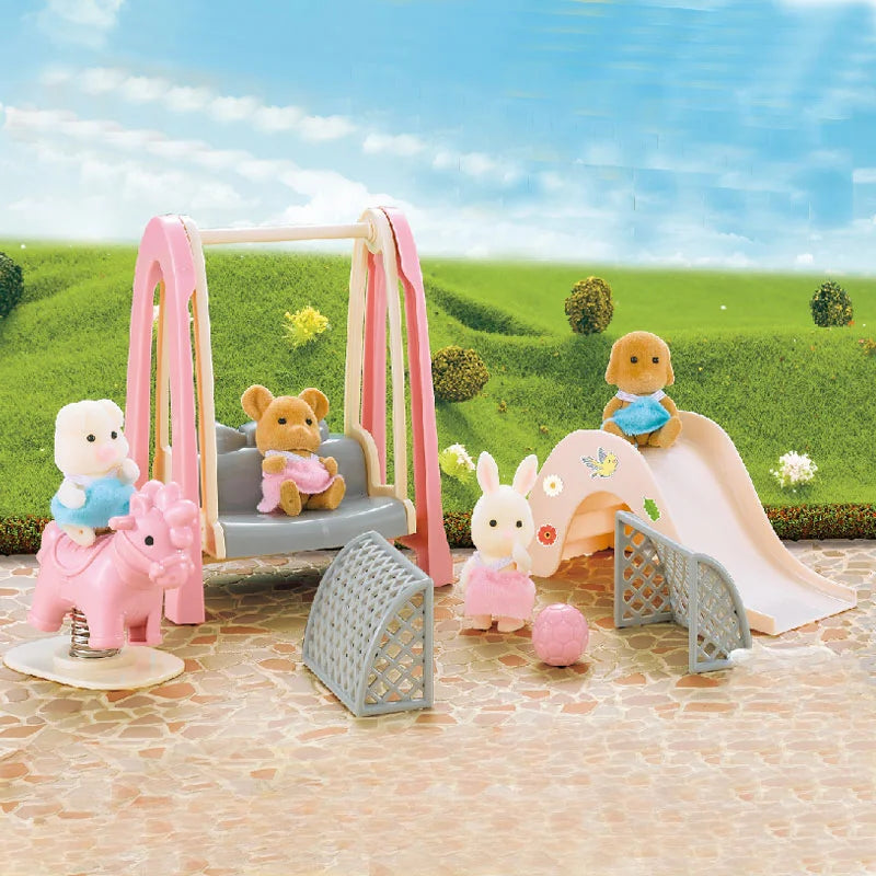 A miniature dollhouse furniture set featuring a pink wooden swing and various animal figures in an outdoor playset.