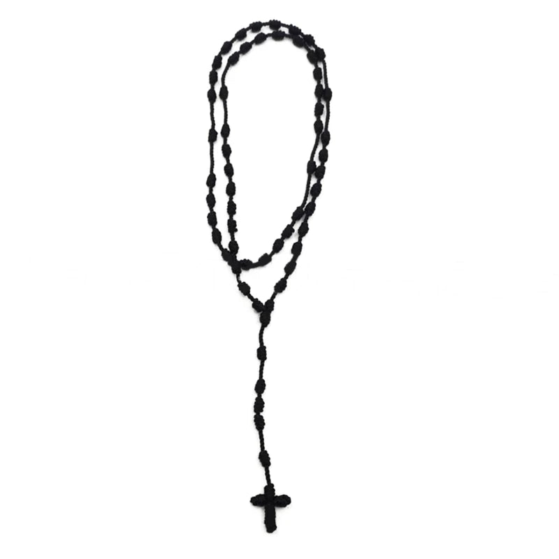 Handmade knotted rosary necklace with a cross charm