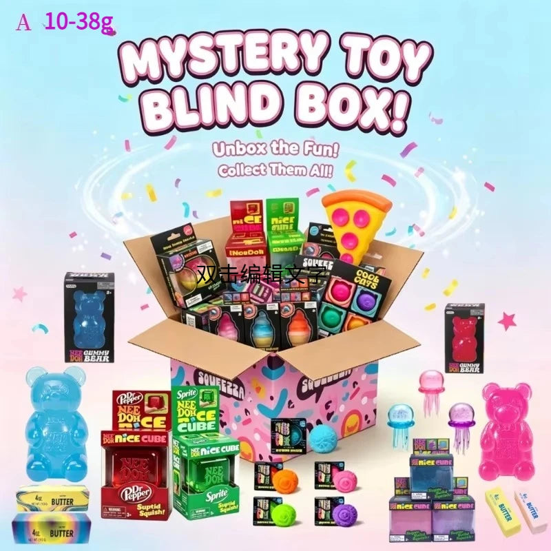 A box of various squishy fidget toys and blind box items with colorful packaging