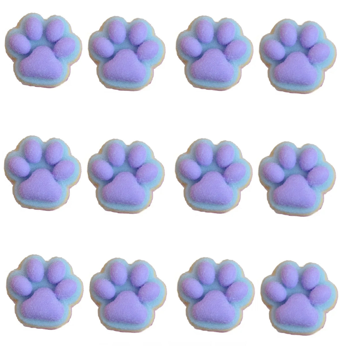 A set of nine pastel purple and blue cat paw shaped squishy fidget toys.