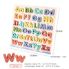 A wooden alphabet puzzle set showing uppercase and lowercase letters in various colors arranged on a card.