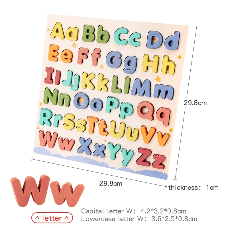 A wooden alphabet puzzle set showing uppercase and lowercase letters in various colors arranged on a card.