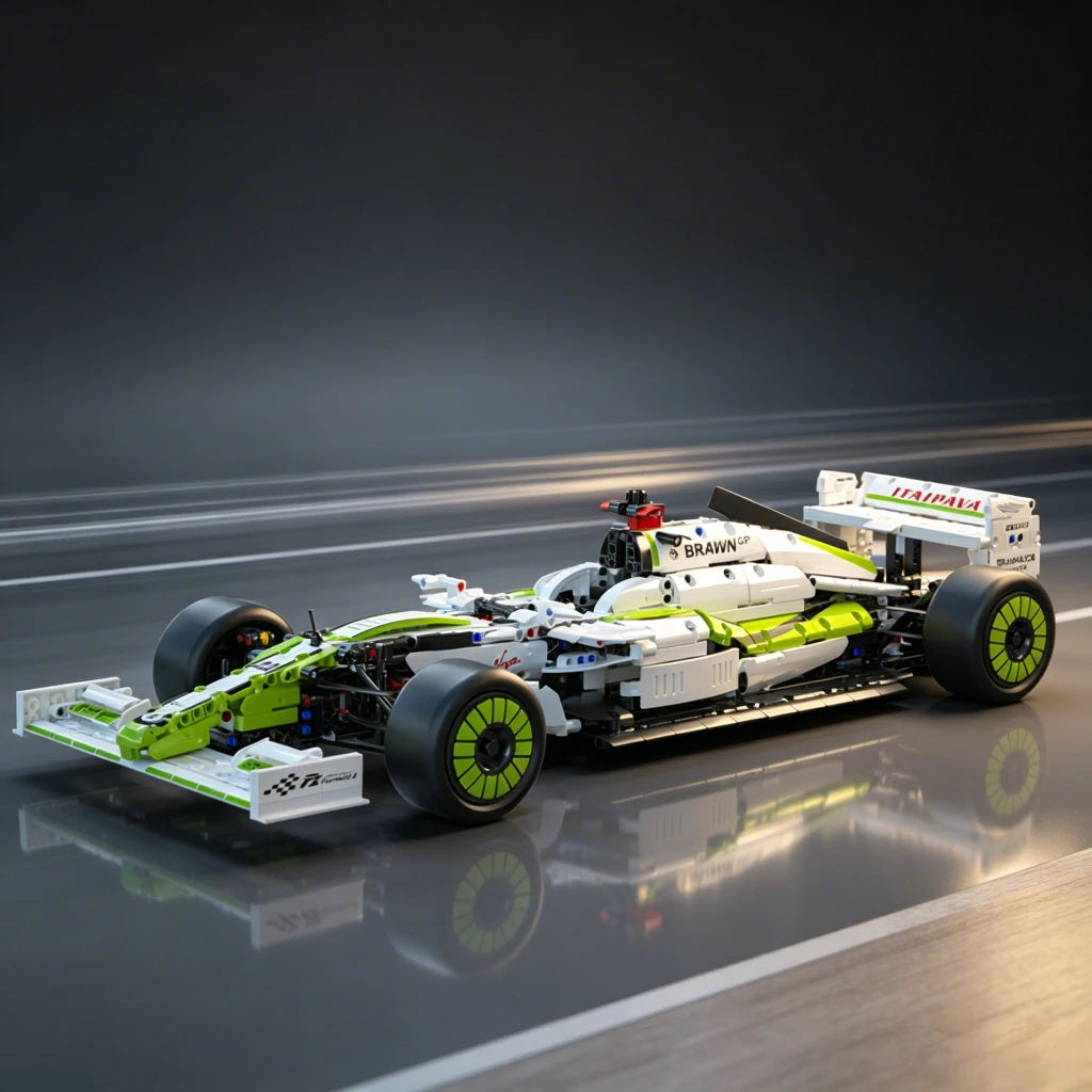 A detailed 1:8 scale formula racing car model in lime green and white, shown on a smooth track surface.
