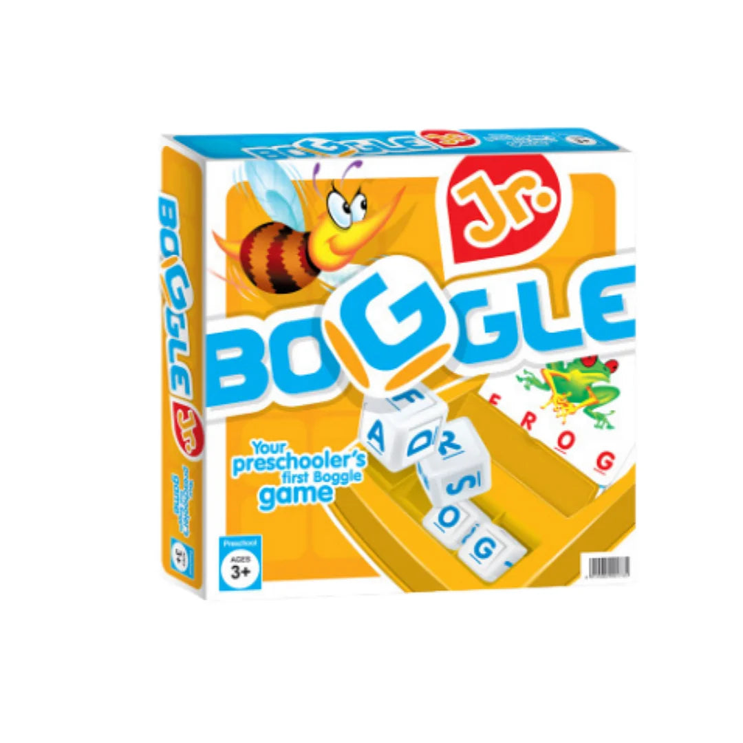 Box of Boggle game featuring dice and colorful graphics for preschoolers