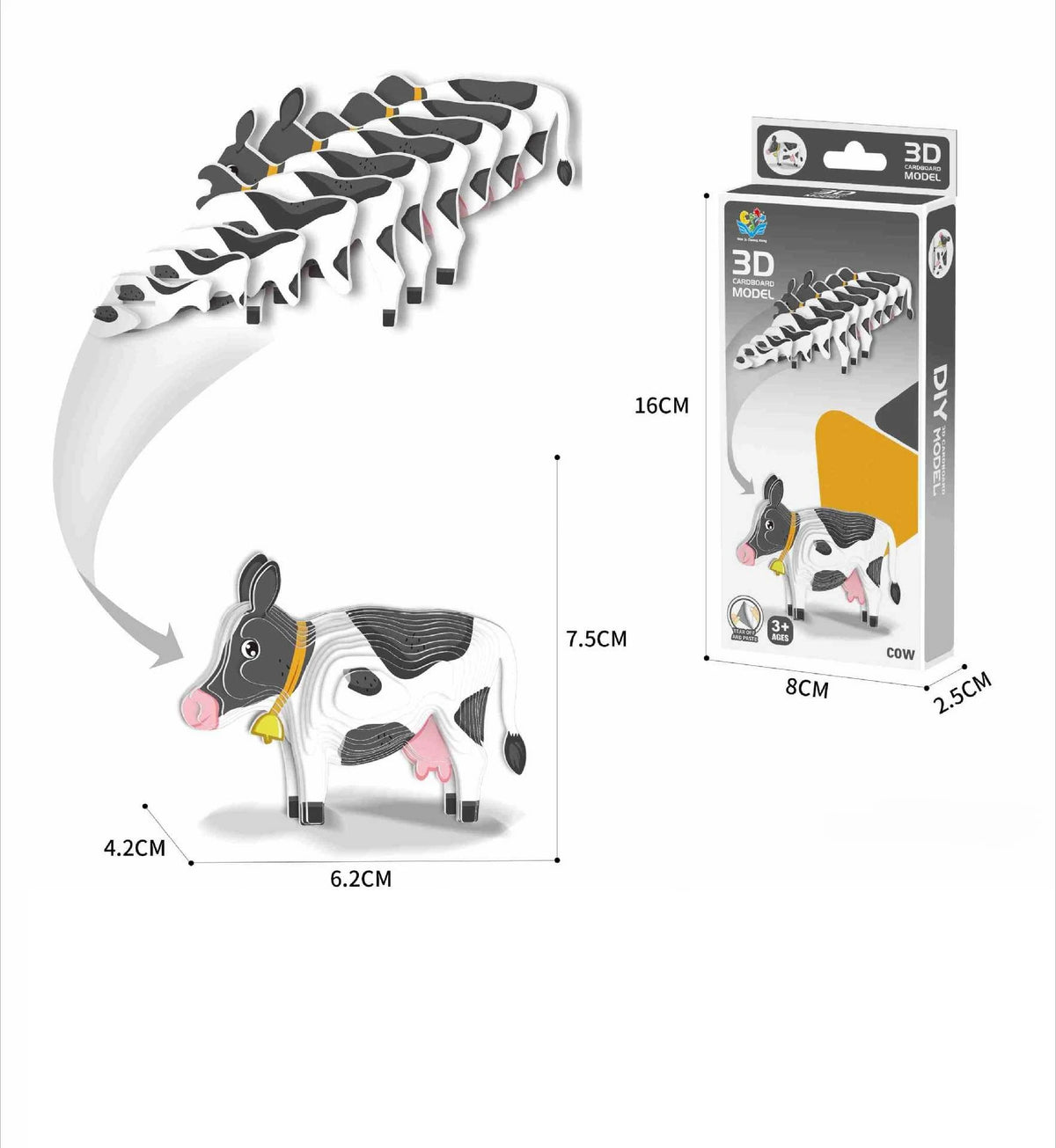 A set of 3D paper animal puzzles featuring a cow, with multiple animals shown in various poses and sizes.