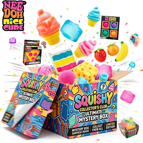 A box of Squishy Collector's Club Ultimate Mystery Box containing various colorful squishy toys and accessories.
