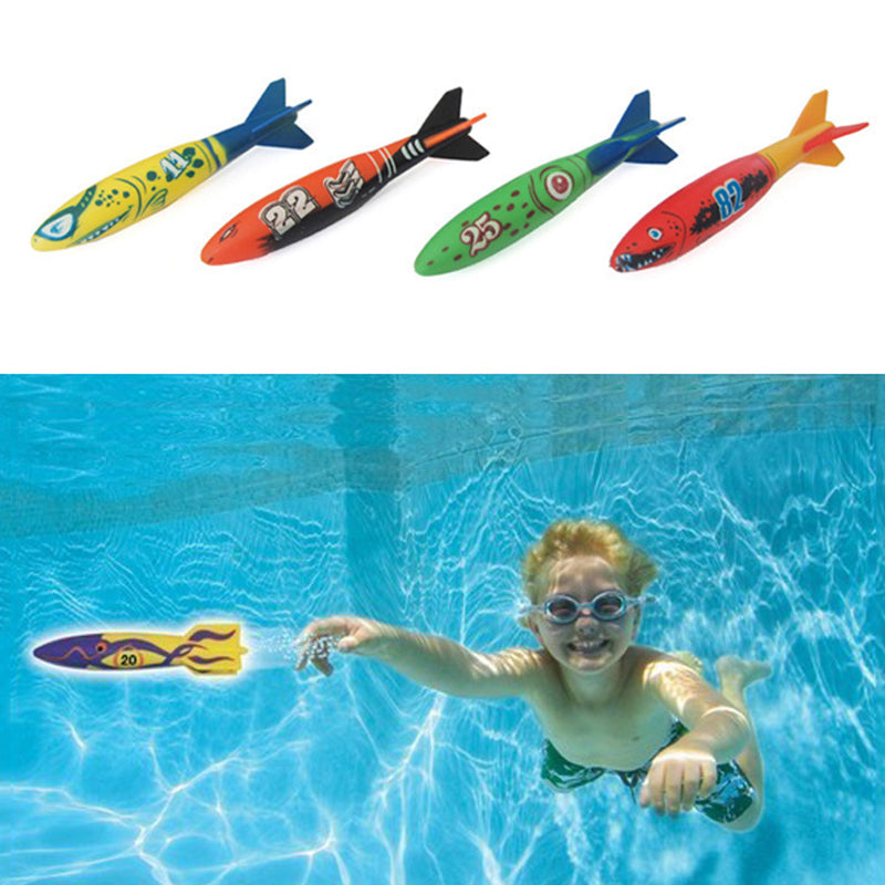 A set of colorful diving torpedo pool toys with numbers and designs floating in clear blue water.