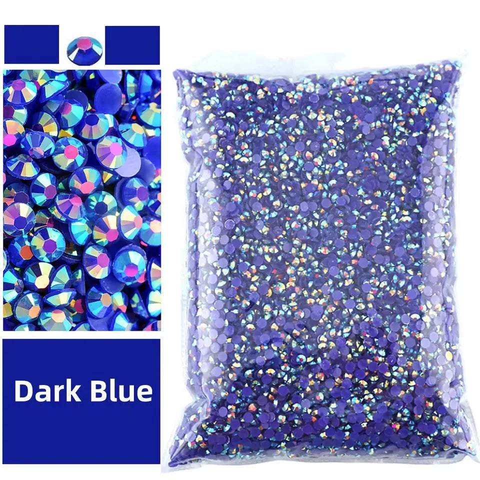 Bag of dark blue AB-coated flat back resin rhinestones for crafts and DIY projects
