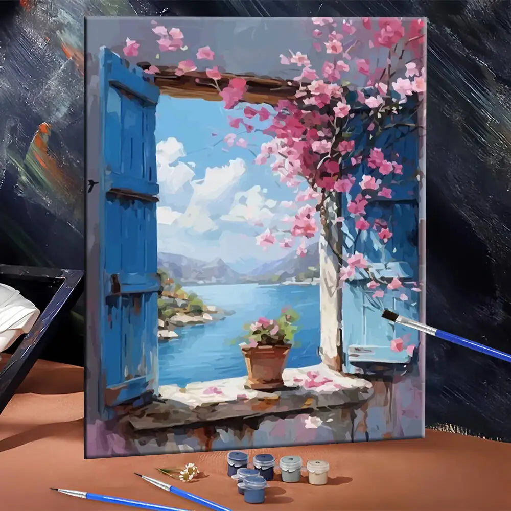 A painting of a seaside flower window scene featuring pink blossoms and blue water on canvas.