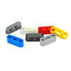 A collection of colorful Technic liftarm beam building blocks in various colors like gray, white, red, yellow, and blue.