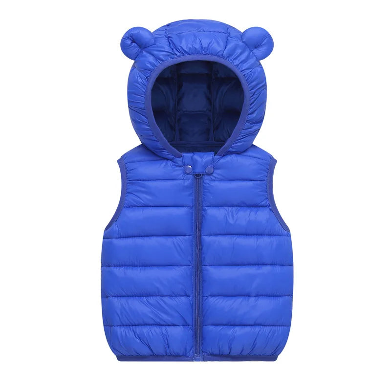 A bright blue kids' hooded cotton vest with a zipper and a hood.
