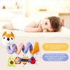 Colorful spiral plush toys including a fox, a yellow duck, a bee, and a ladybug for baby sensory play