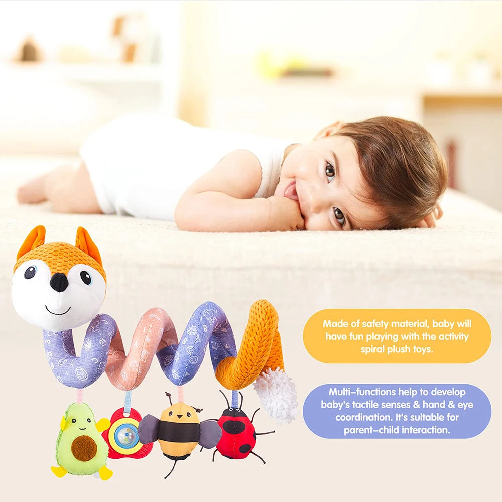 Colorful spiral plush toys including a fox, a yellow duck, a bee, and a ladybug for baby sensory play