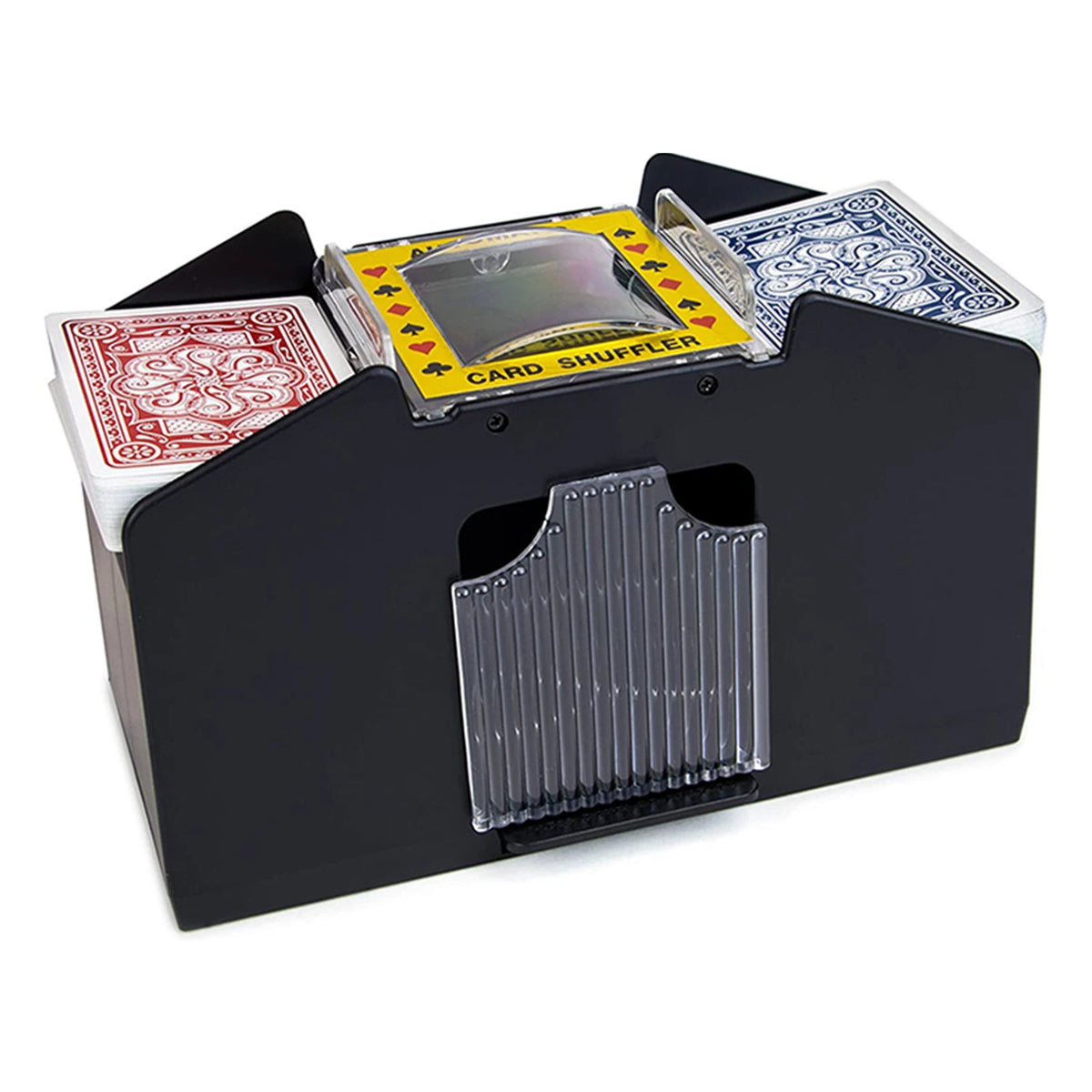 A black automatic card shuffler device with a dispenser tray for shuffling cards.