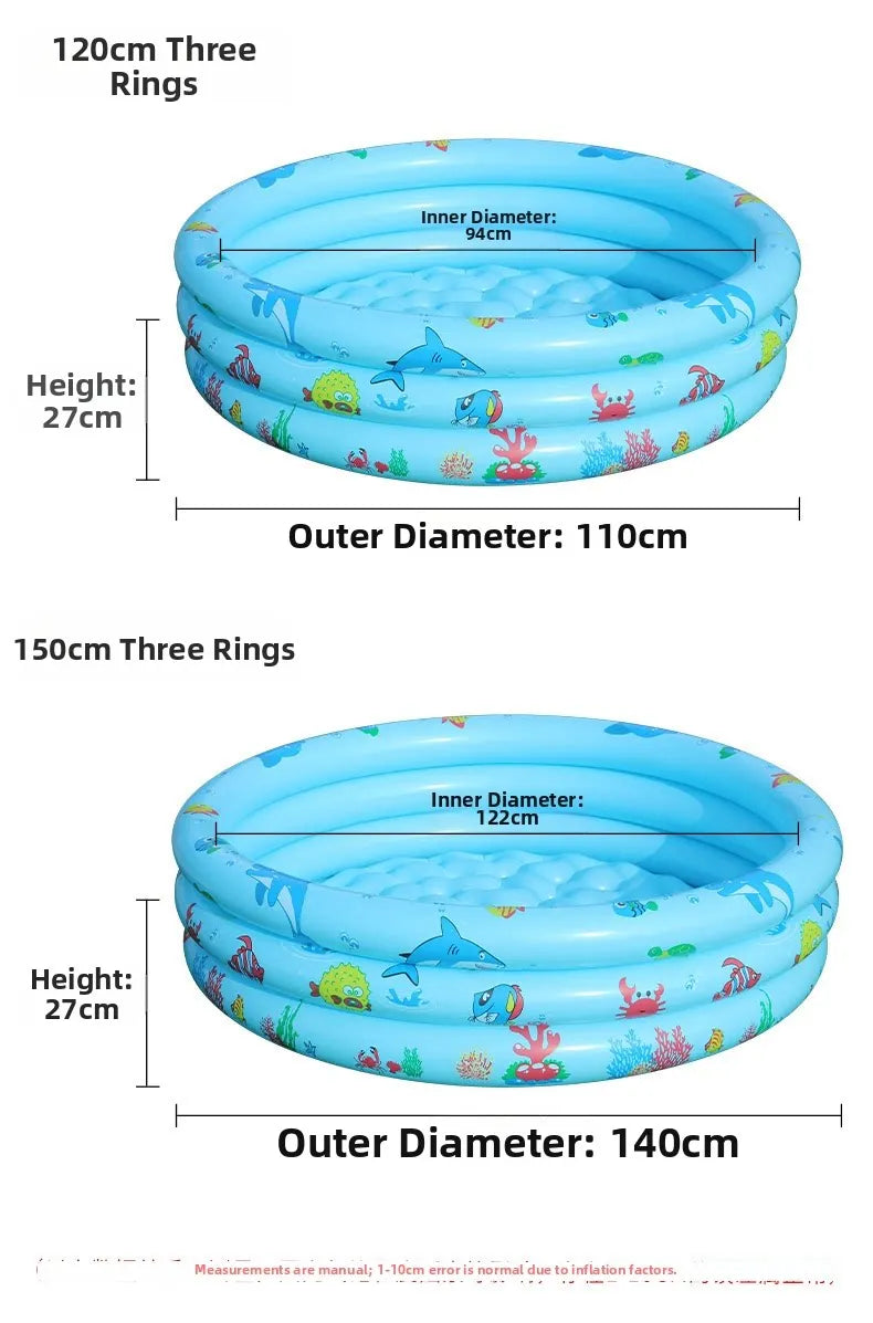 Two inflatable rings, 120cm and 150cm, in blue with cartoon designs.