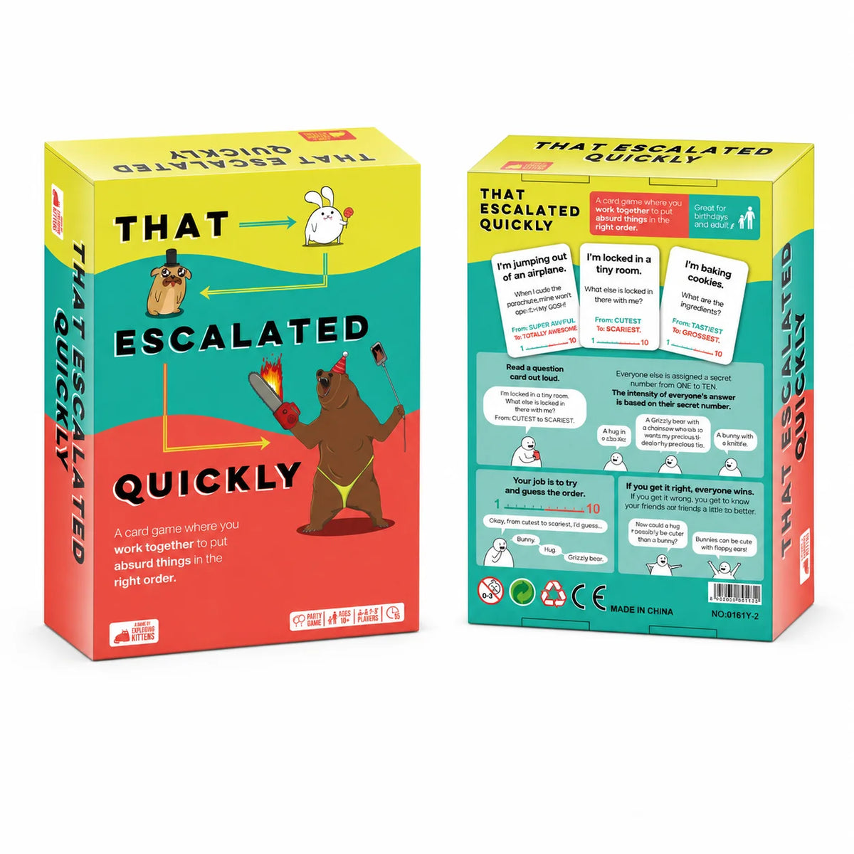 A box of the That Escalated Quickly party card game featuring illustrations and text.