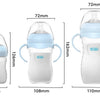 A clear baby bottle with a blue silicone cap and handle, shown in three views.