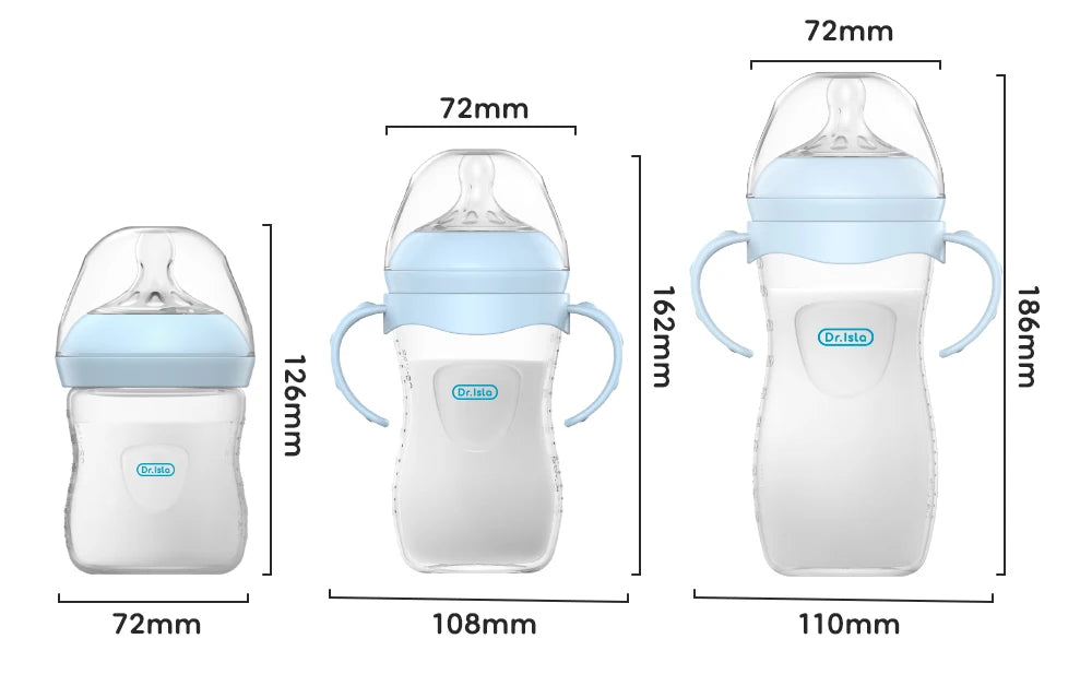 A clear baby bottle with a blue silicone cap and handle, shown in three views.