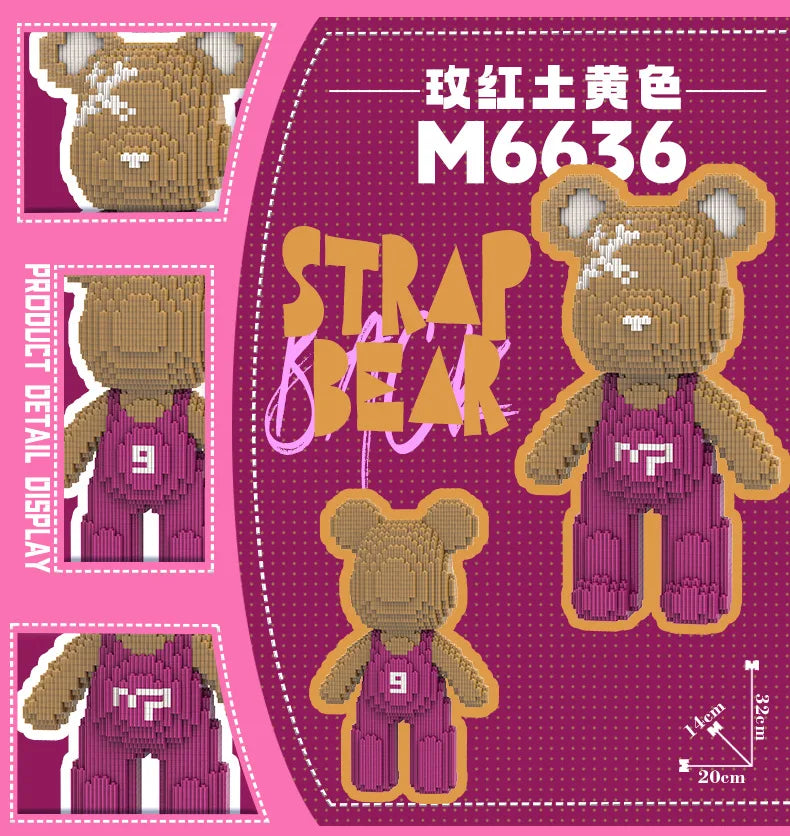 A set of M6636 bear brick building blocks in pink and gold colors, showing various product details.