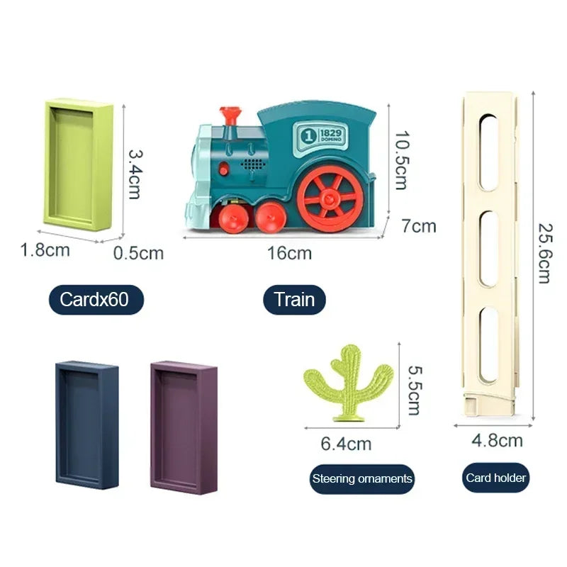 A set of automatic domino train toys and educational building blocks in various colors and sizes.