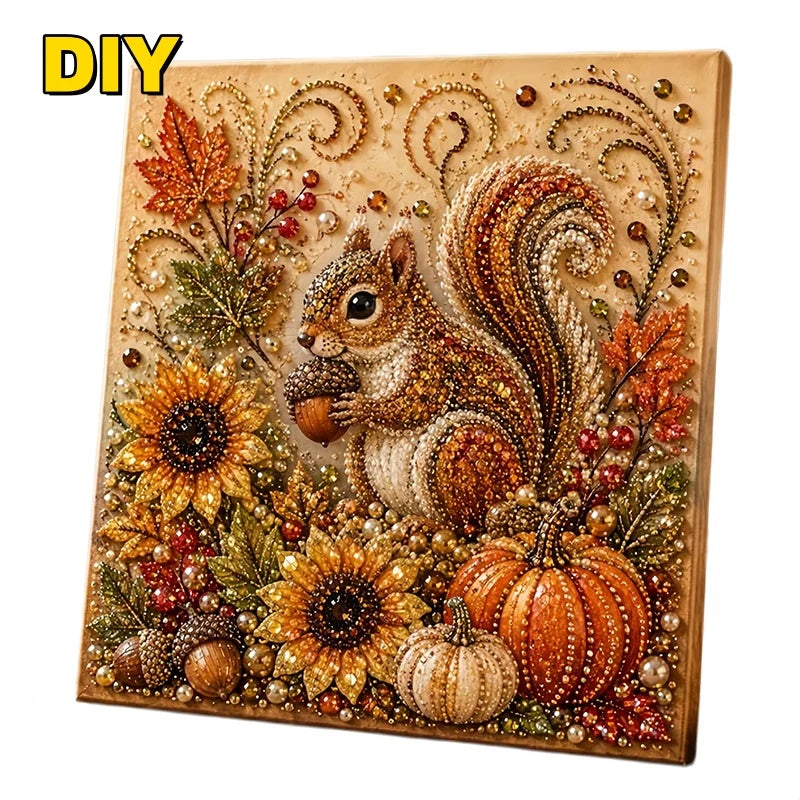A DIY painting kit featuring a detailed 3D fall harvest scene of a squirrel surrounded by autumn leaves and pumpkins.