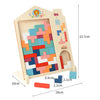 A wooden Tetris puzzle set featuring colorful geometric shapes arranged in a frame.