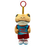 A plush toy of a frog wearing a shirt and shorts with a hanging loop.