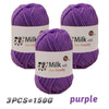 Three purple skeins of Milk cot skin-friendly yarn for knitting and crochet