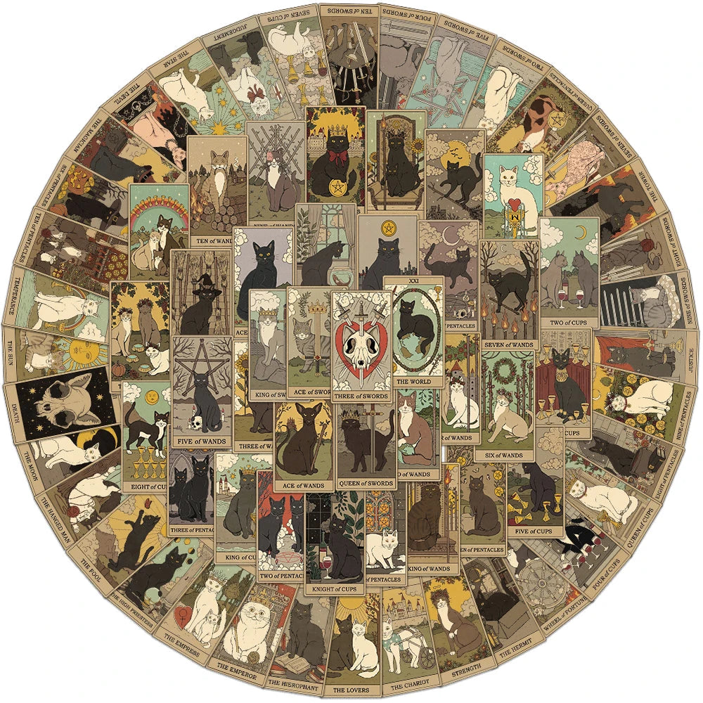 A circular image displaying 72 whimsical mystery tarot cards featuring cats and various mystical imagery.