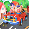 A jigsaw puzzle featuring pigs driving a red vintage car.
