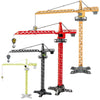 A set of diecast construction crane models in yellow, red, and gray.