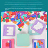 A colorful wooden tangram battle puzzle game showing various colored blocks and puzzle cards.