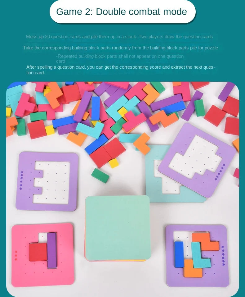 A colorful wooden tangram battle puzzle game showing various colored blocks and puzzle cards.