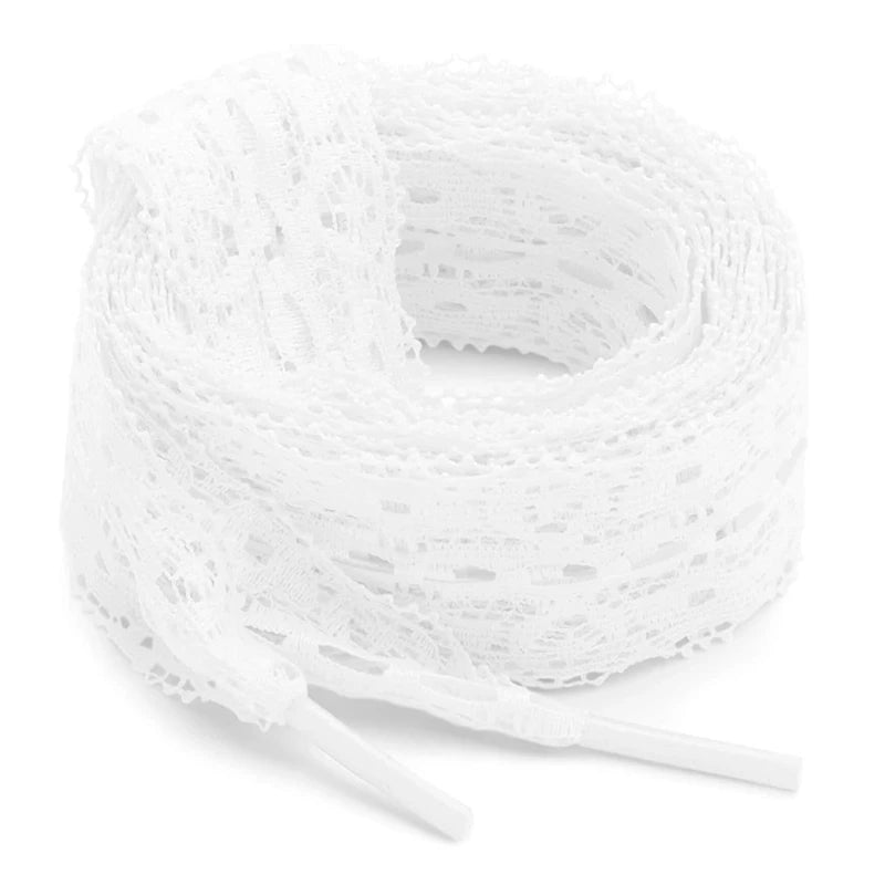 A spool of white flat elastic silk lace shoelaces.