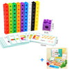 A set of colorful wooden sticks and rings used for a Montessori early learning puzzle toy with accompanying cards.