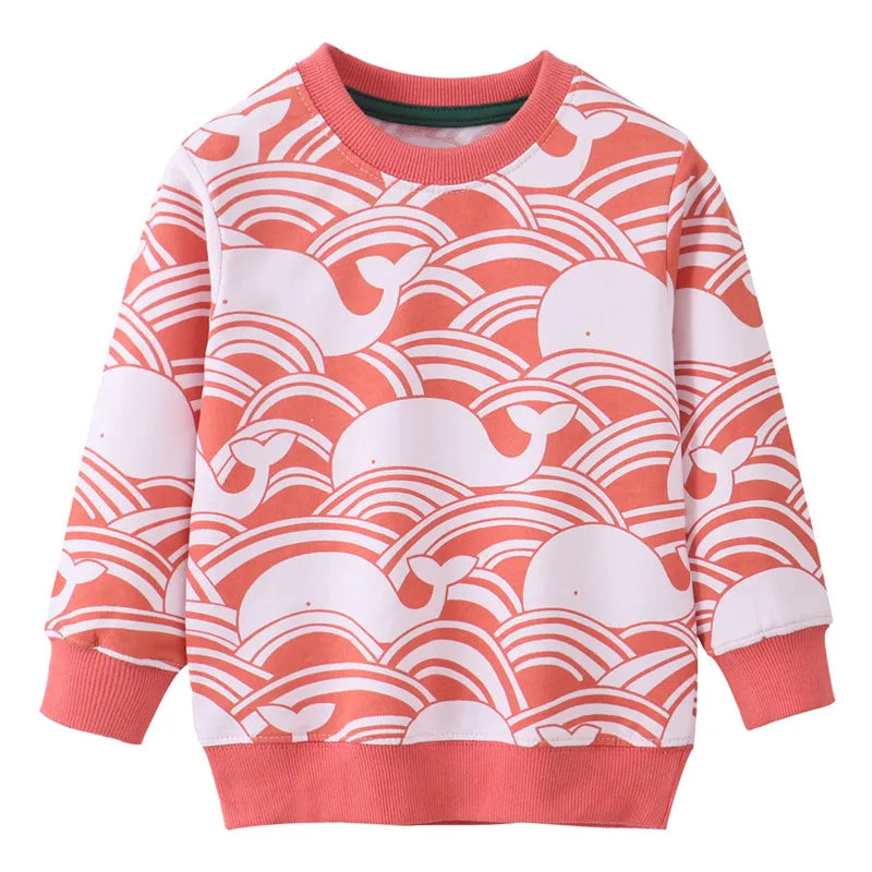 Kids cotton whale print long sleeve pullover sweatshirt in coral and white stripes