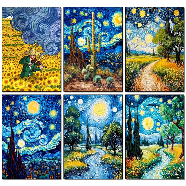 Colección de pinturas estilo Noche Estrellada de Van Gogh con cielos arremolinados, cipreses y campos bajo un amarillo brilla