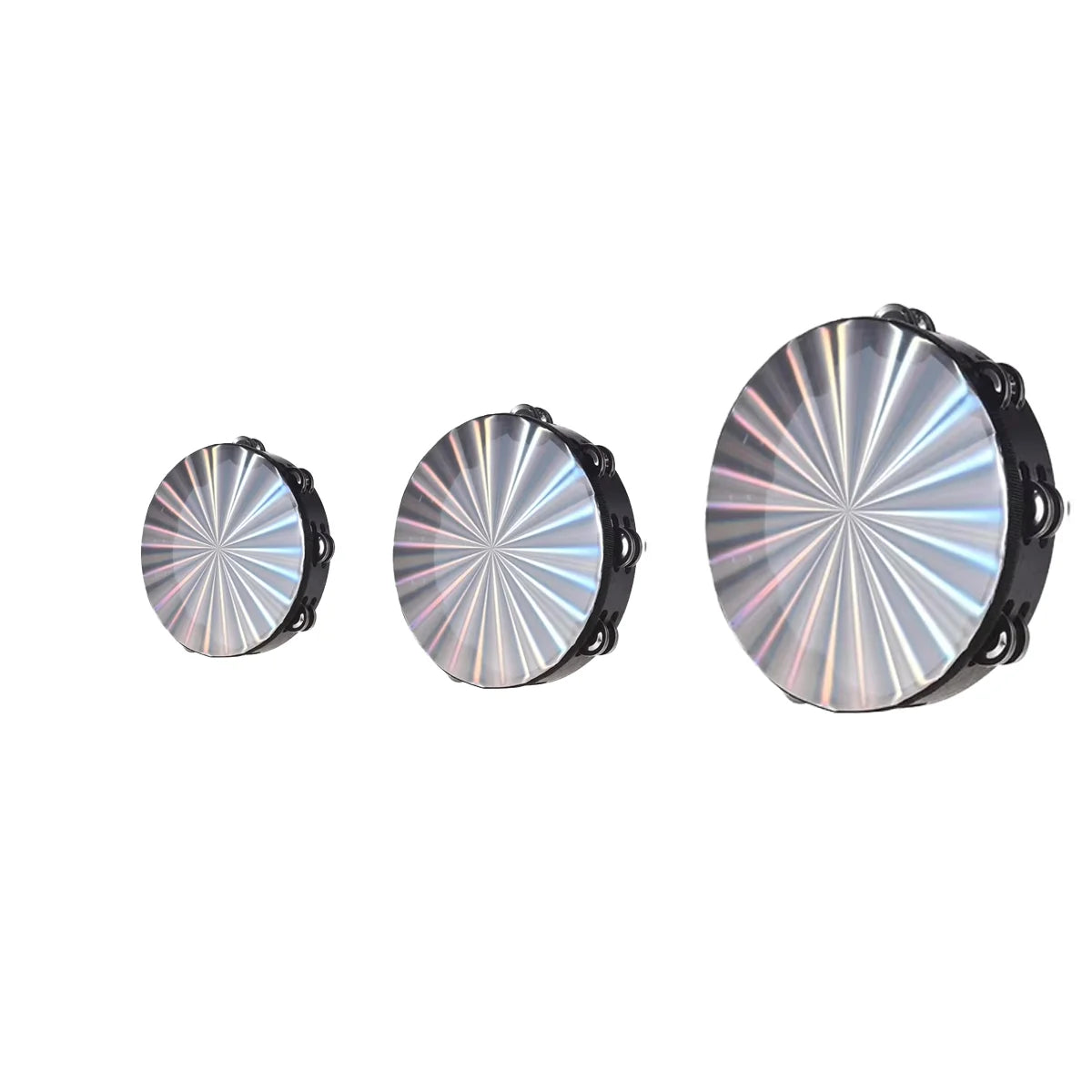 A close-up view of a silver double row radiant tambourine percussion instrument.