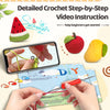 A hand demonstrates a crochet technique for making a watermelon fruit using a kit and video tutorials.
