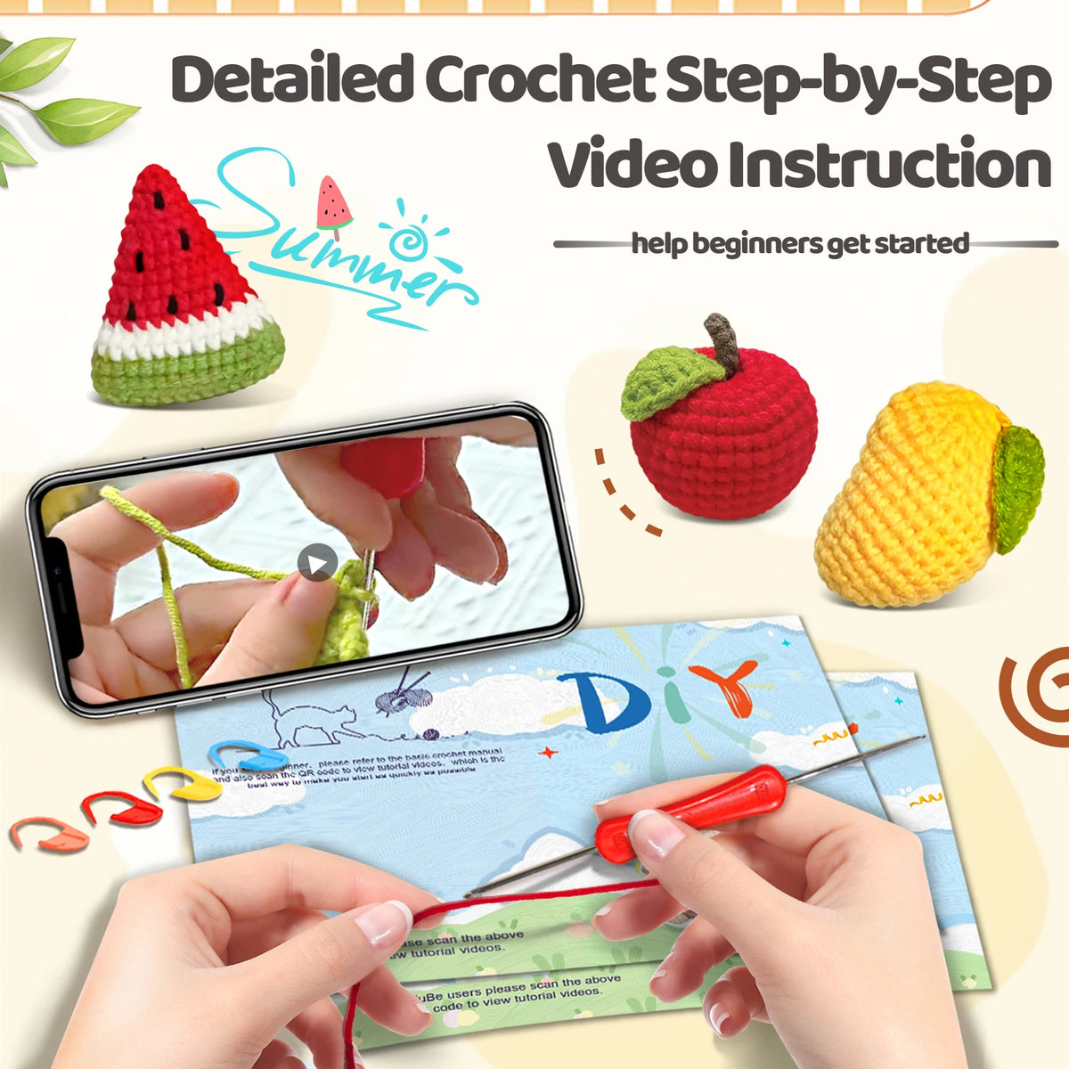 A hand demonstrates a crochet technique for making a watermelon fruit using a kit and video tutorials.