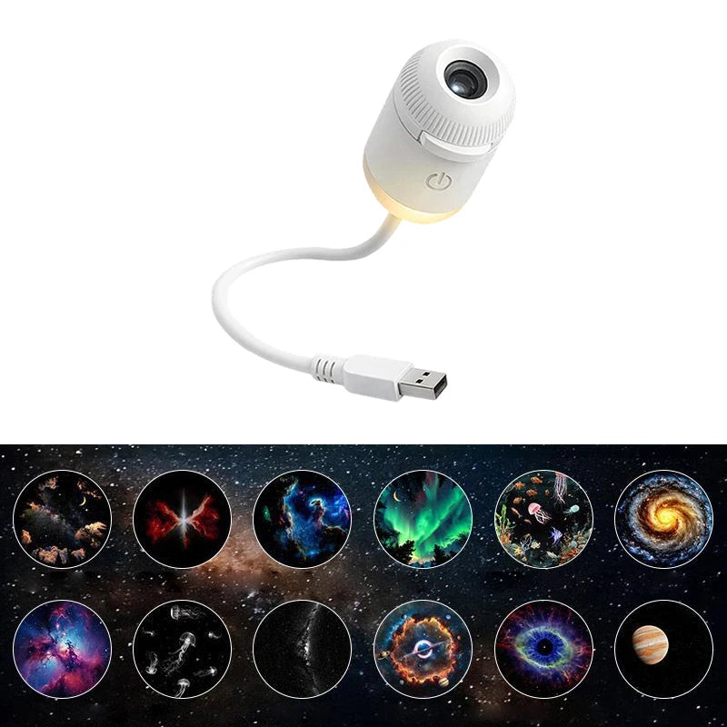A white projector night light with a lens and cable, shown above various celestial images.