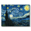 A painting of a night sky with swirling stars and cypress trees in shades of blue, yellow, and white.