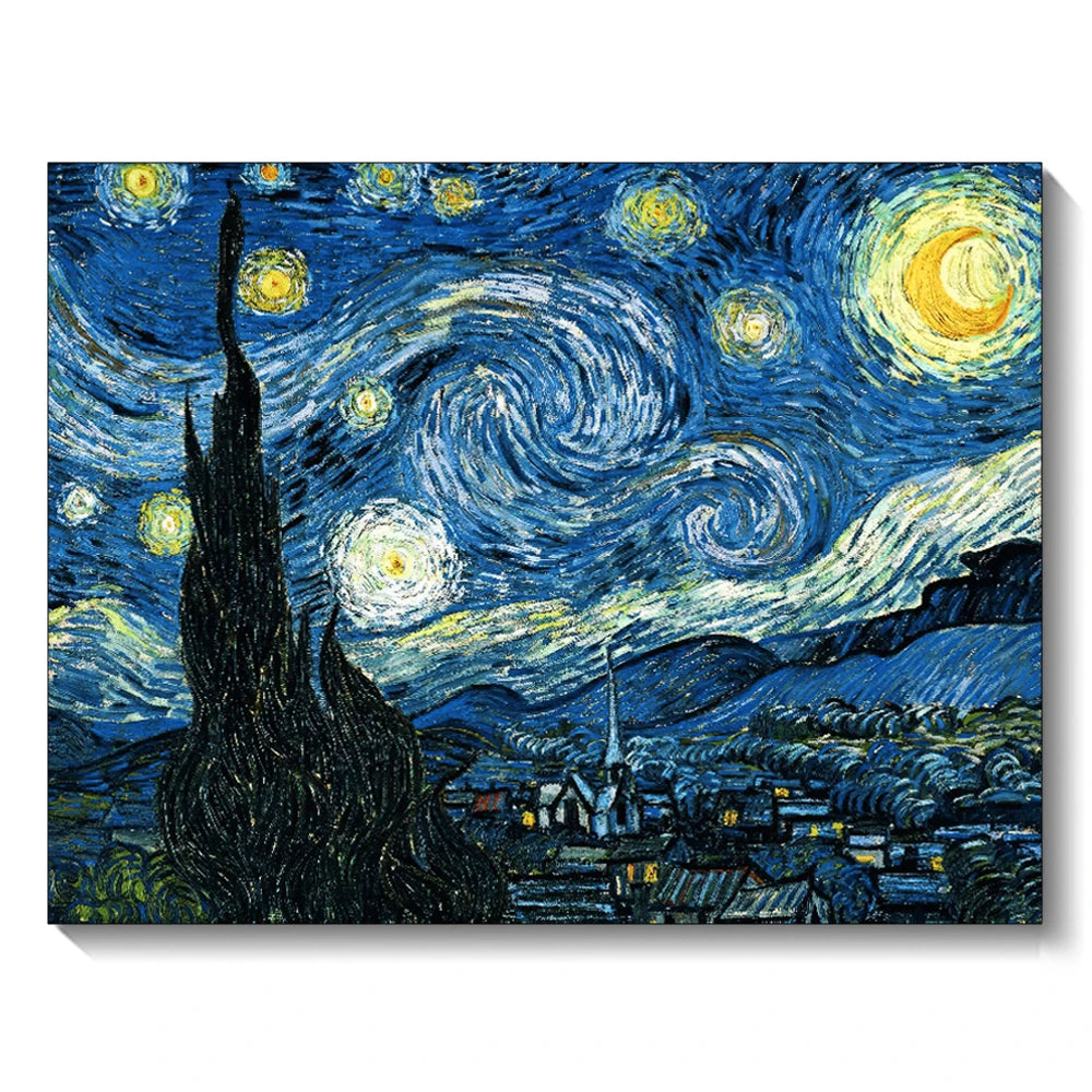 A painting of a night sky with swirling stars and cypress trees in shades of blue, yellow, and white.